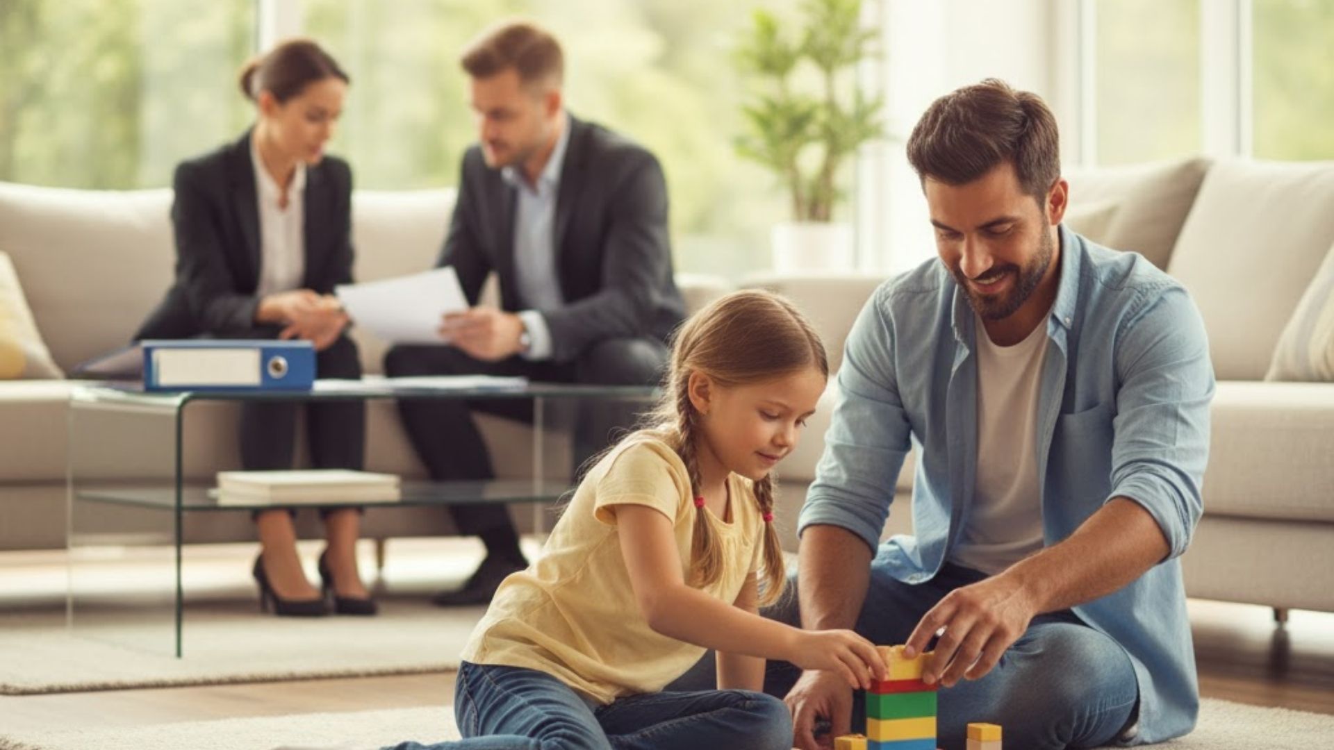 Father and daughter playing with blocks in the foreground, with two adults in suits discussing documents in the background
