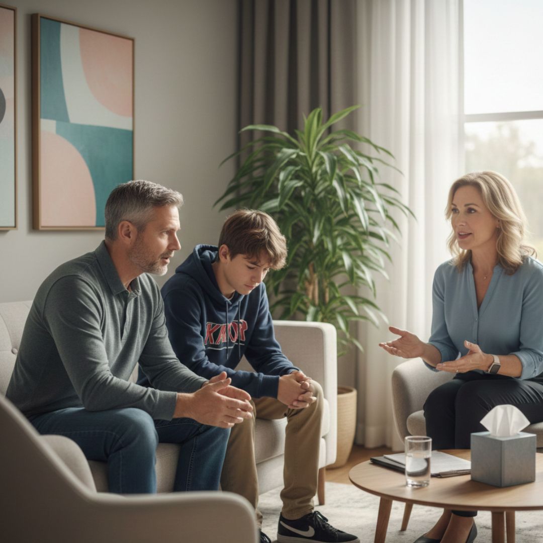 father and son in therapy after parental alienation