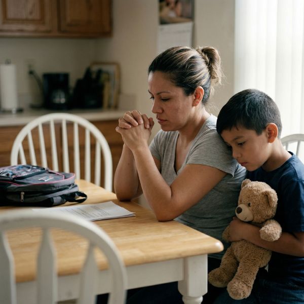 woman praying with son