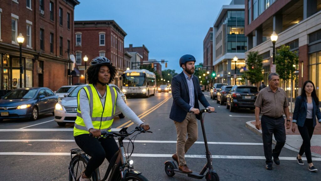 man and woman on ebike and scooter