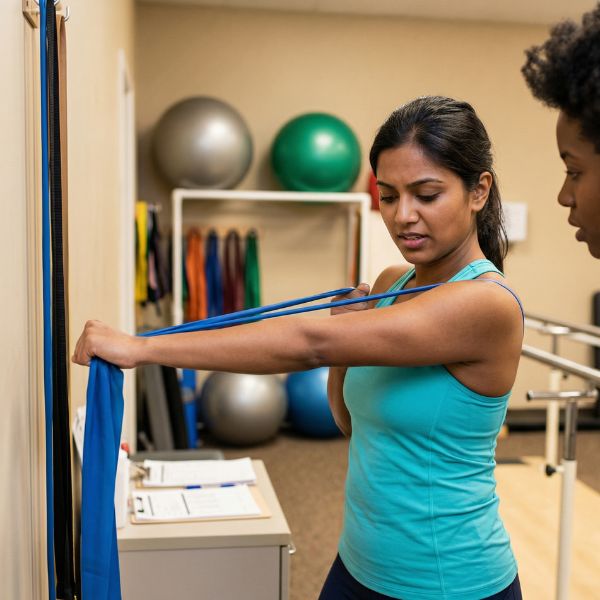 woman stretching with bands