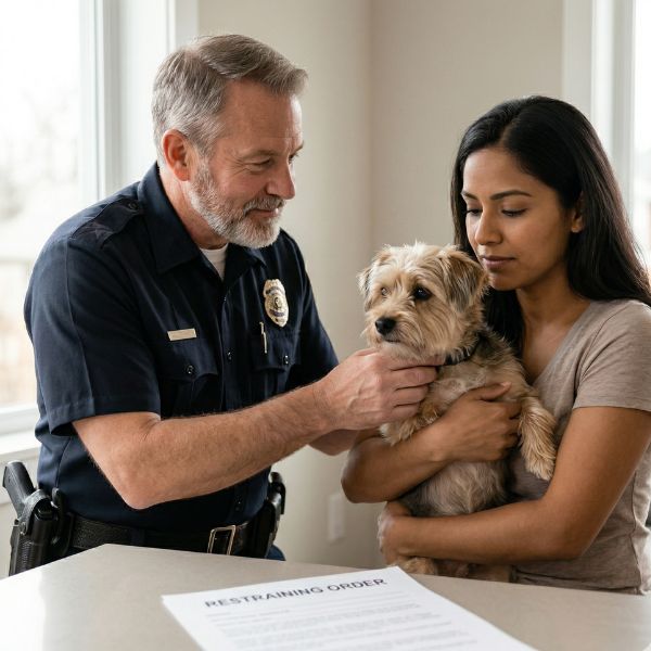 police officer, woman, and dog
