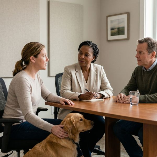 lawyer, pet owners, and dog