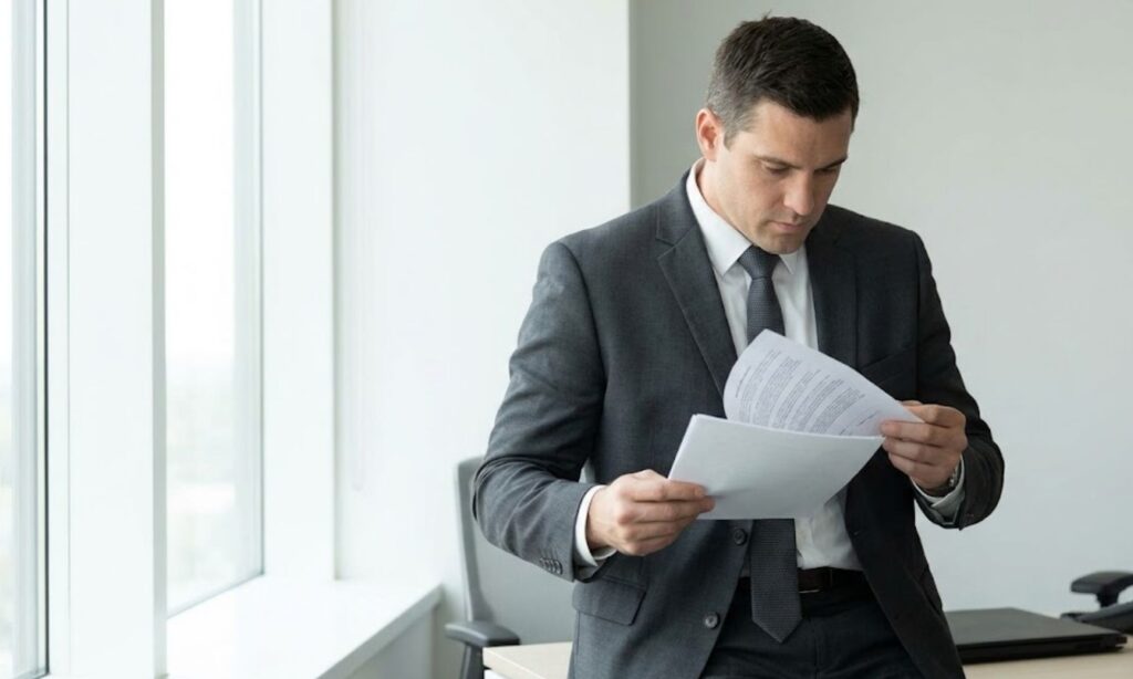 A business professional reviews documents in a light-filled office.