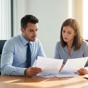 Two professionals focused on reviewing documents at a conference table.