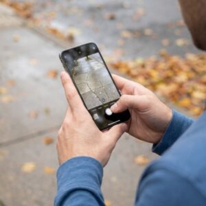 A person's hands holding a smartphone to take an outdoor picture.