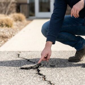A person kneels outdoors in daylight to examine a dangerous crack and loose asphalt on a walkway.