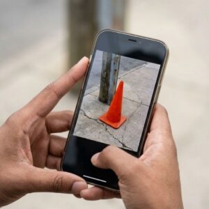 Hands hold a smartphone to capture a photo of an orange traffic cone on a cracked sidewalk in soft, natural daylight.