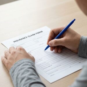 A hand holds a blue pen and accurately completes a generic insurance claim form oriented correctly in soft daylight.