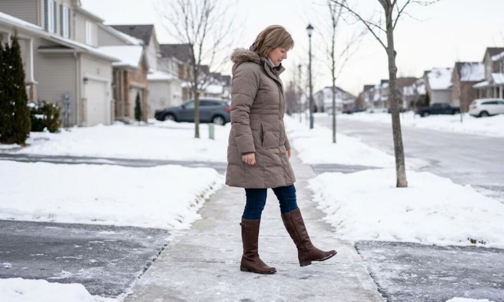 A woman wearing winter attire takes a careful step onto an icy residential sidewalk.