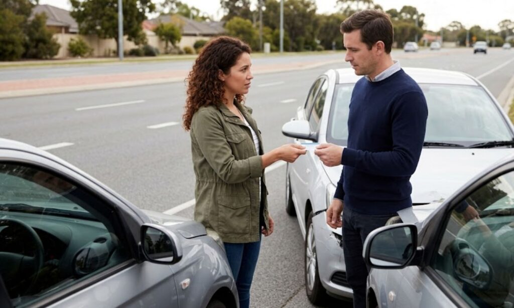 Two concerned drivers exchange insurance information on the roadside following a car accident in daylight.