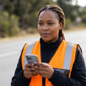 A focused person in an orange safety vest uses a smartphone on the roadside in daylight.