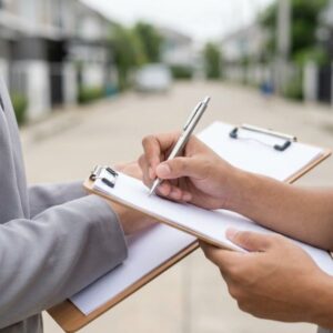 Hands use a pen to write on a clipboard outdoors in natural daylight on a residential street.